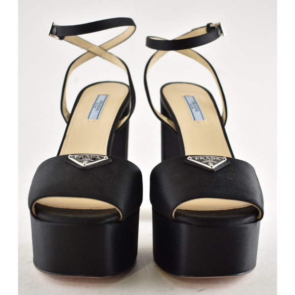 Prada 135mm Black Satin Logo Platform Sandal Ankle Strap Block Heel Pump 40 - Picture 9 of 14